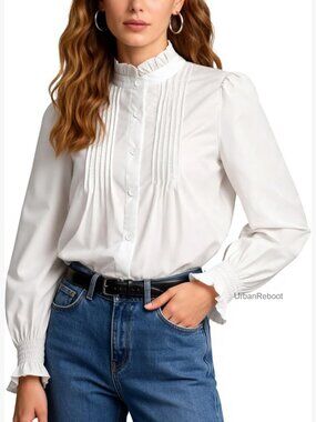Ruffled Collar Button Down Blouse Long Sleeve Pleated Chest Shirt Office Casual
